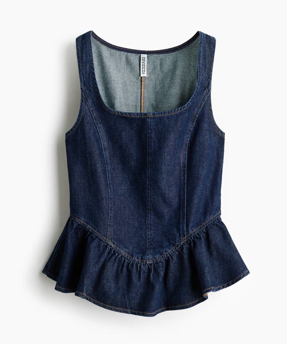 H&M Divided Dark Denim Peplum Top Square Neck 100% Cotton Size M